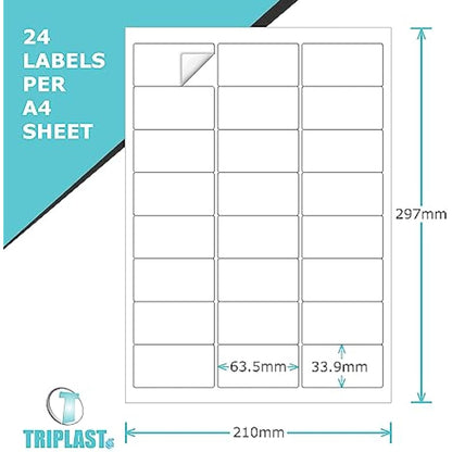 Triplast 100 x Multipurpose A4 Label Sheets - 24 Labels Per Sheet (64 x 34mm Each) - Easy Peel White Labels for Inkjet & Laser Printer - Address Labels, Shipping Labels, File Labels, DIY Stickers