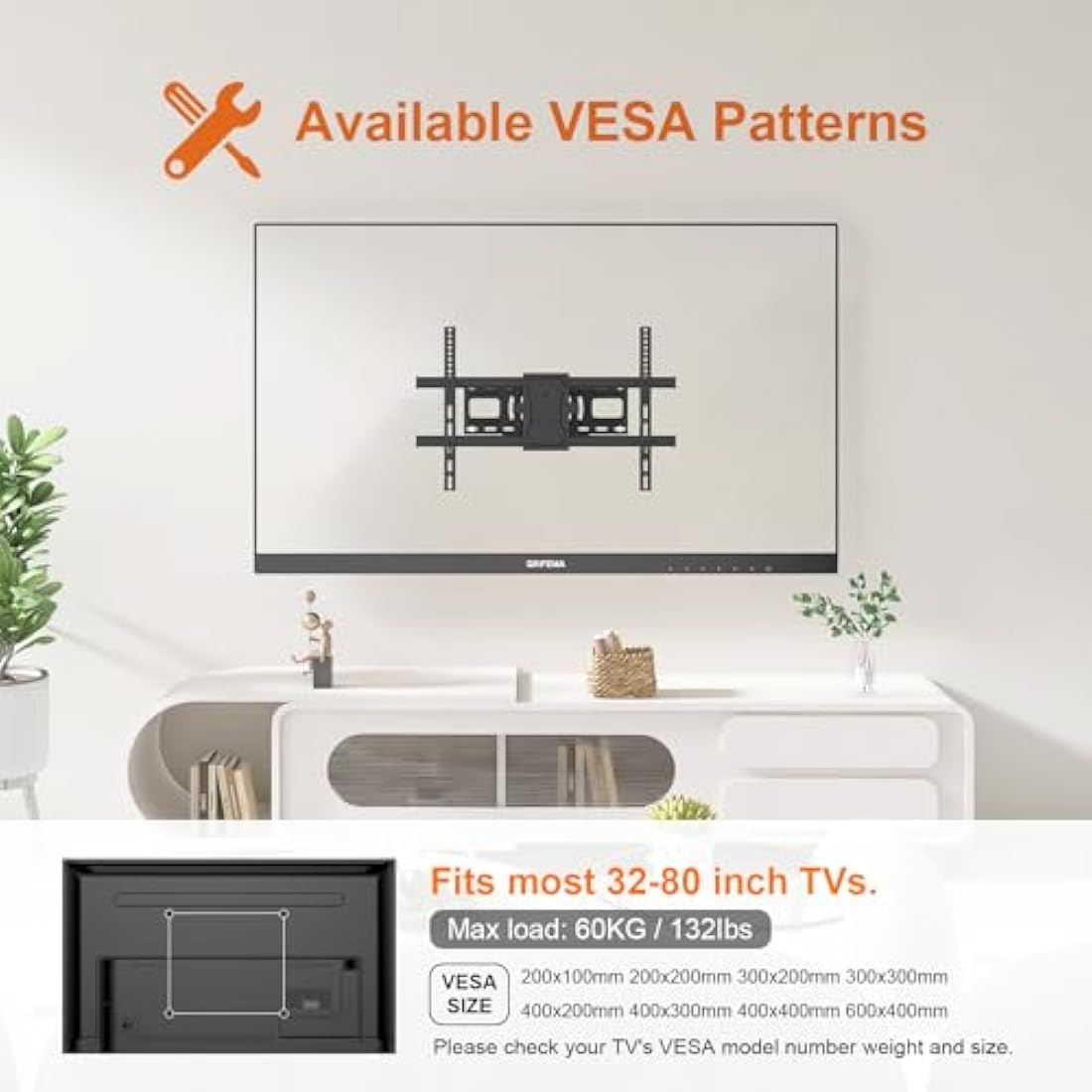 GRIFEMA GB1006-6 TV Wall Bracket for 32-80 inch, Swivel, Tilt, Extendable TV Wall Mount, up to 60kg, Max VESA 600x400mm, Universal and Slim for Flat & Curved TVs