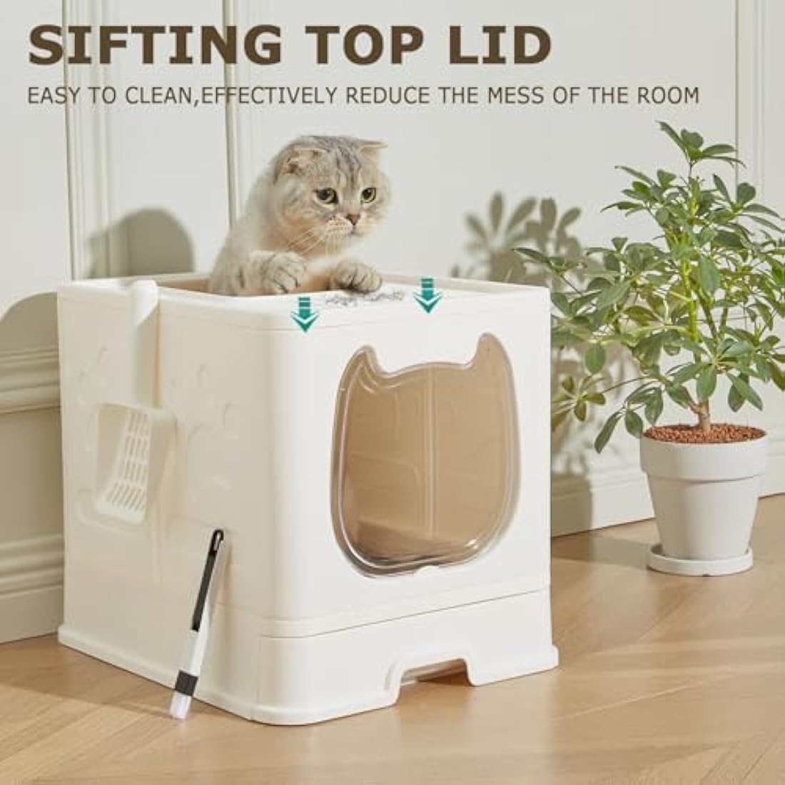 Pawsayes Cat Litter Tray Litter box with Lid for Medium and Small Cats, Foldable Top Entry Kitten Litter Box with Drawer Pan and Scoop