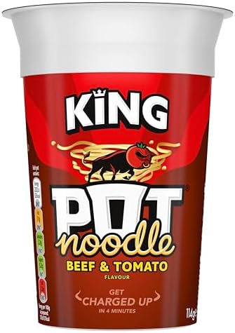 Pot Noodle King Pot Noodle Instant Vegetarian Snack quick-to-make noodles , Beef & Tomato Flavour 12x 114 g