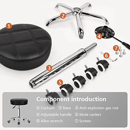 KKTONER Round Rolling Stool Chair PU Leather Height Adjustable Shop Stool Swivel Drafting Work SPA Salon Stools with Wheels Office Chair (Black)