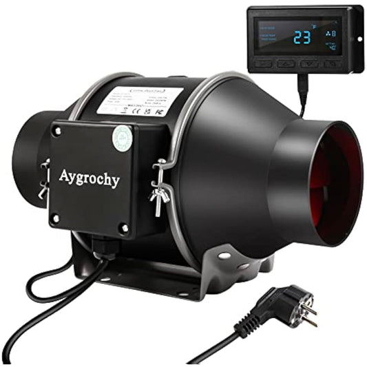 Aygrochy Quiet 6” Inline Duct Fan with Temperature Humidity Controller - Ventilation Exhaust Fan Using for Heating Cooling Booster, Grow Tents, Hydroponics,Home use Ventilation and Exhaust Blower.