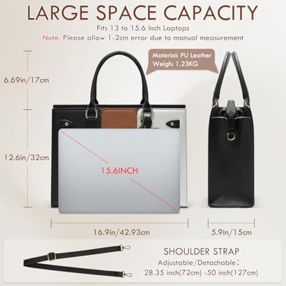 RAINSMORE Laptop Bags for Women PU Leather Work Bags for Women Tote Bag Large Handbag Shoulder Bag for Office 15.6 Inch Bussiness Black with White and Brown