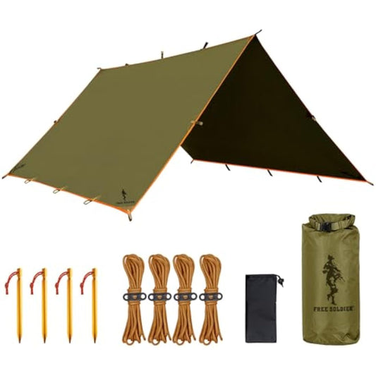 FREE SOLDIER Camping Tarp Waterproof 3m x 3.2m Large Hammock Tent Tarp Portable Tarpaulin Anti-UV Shelter Sun Block Sunshade Awning for Camping Hiking Traveling Outdoor Sports (Brown with Nails)