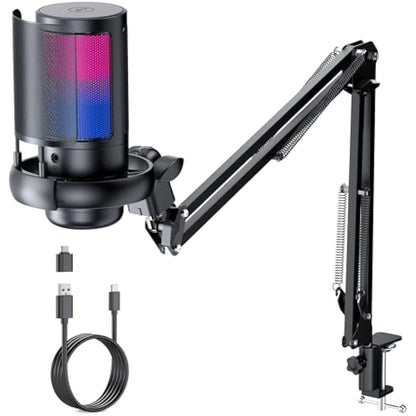 QIUOIO RGB Gaming Microphone with Boom Arm: USB Mic for PC - Streaming & Podcast Microphone Accessory - Suitable for YouTube & TikTok