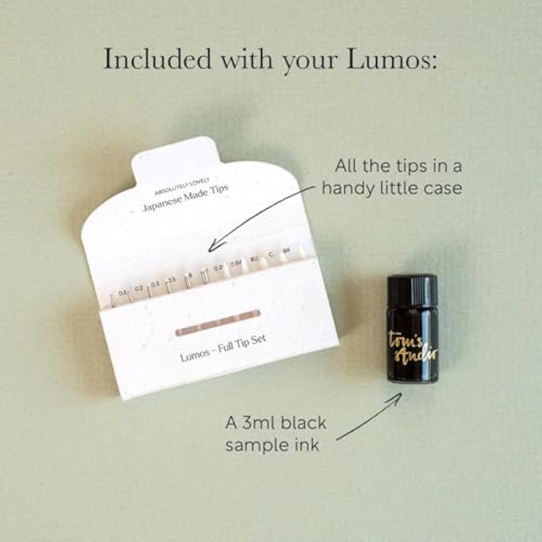 Tom's Studio Lumos Pro Duo Tip (Sage) | Refillable Fineliner, Writing & Brush Pen | Comes with 11 Tips, 3ml Deep Black Ink Sample & 2x Ink Reservoirs