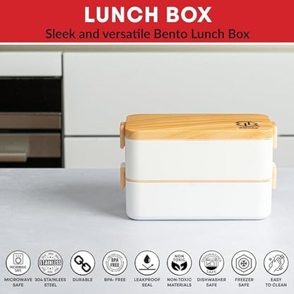 BMORE® Lunch Box,1000ml Bento Box with Stainless Steel Cutlery & Chopsticks. Stackable 2 Layer Food Container for Adults, Kids. Microwave & Dishwasher Safe (Stainless Steel Liners Included) UK Company