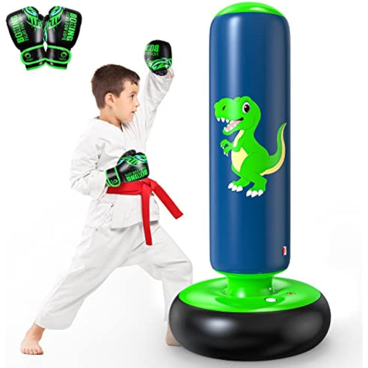 QPAU Inflatable Kids Punching Bag, 48 Inch Stable Boxing Bag with Boxing Gloves, Punch Bag Dinosaur Toy & Gifts for Boys Girls Age 3-8, Set for Practicing Karate, Taekwondo, MMA