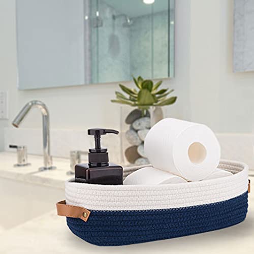 Oradrem Toilet Basket Woven Storage Basket for Toilet Tank Top Farmhouse Home Decor Organization Baskets 13 x 6 x 4 inch Navy Stitching White