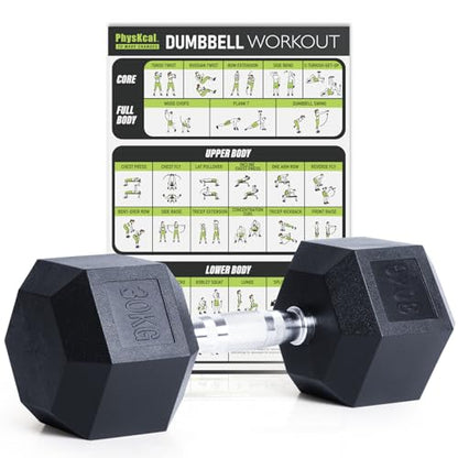 PhysKcal Hex Dumbbells 30kg Single, Odourless Poly Rubber Encased Dumbbells Set 2.5KG 5KG 7.5KG 10KG 12.5KG 15KG 20KG Home Gym Weights Set