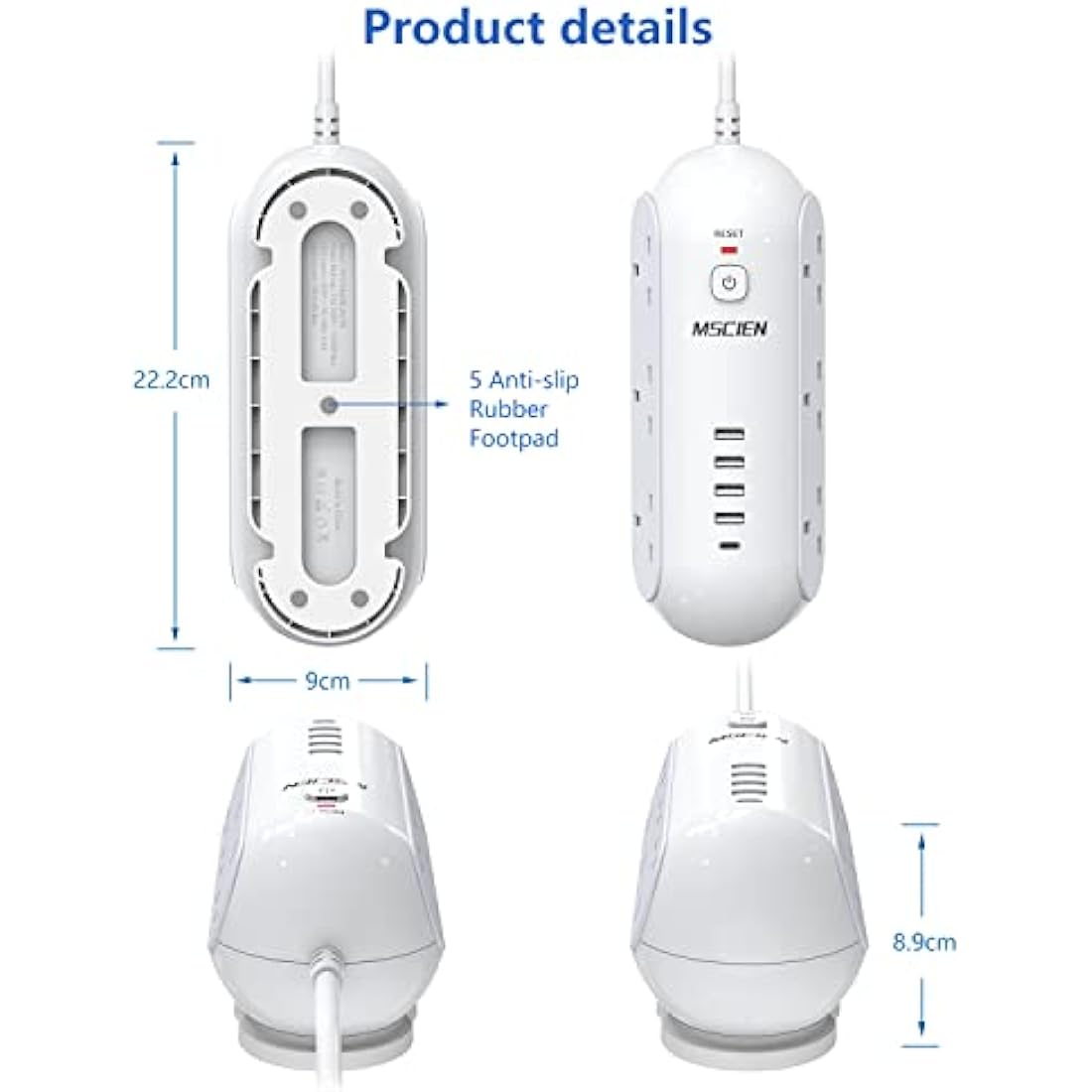 Mscien 5M Extension Lead with USB Slots, 6 Way Sockets 5 USB(1 USB- C and 4 USB-A Port) with 5 Metres Extension cord, 3250W Overload Protection, Security Surge Protection Plug Extension Socket