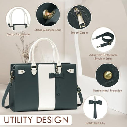 RAINSMORE Laptop Bags for Women PU Leather Work Bags for Women Tote Bag Large Handbag Shoulder Bag for Office Bussiness 15.6 Inch Dark Green and Beige