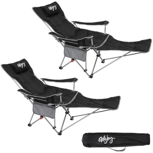 #WEJOY Camping Chairs Folding Recliner Chair Adjustable with Detachable Footrest Headrest Cup Holder Lightweight Portable Padded Reclining Camp Chair Fold Up Chair for Beach Garden,Black Set of 2