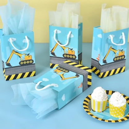 WERNNSAI Construction Party Favor Bags - 16PCS Construction Birthday Party Supplies for Boys Kids Dump Truck Gift Bags for Birthday Baby Shower Supplies Excavator Candies Treats Goodies with Handle