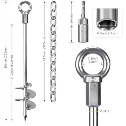 Insaga Tent Peg, 76cm Heavy Duty Ground Anchor Large Metal Earth Stake Spiral Blade Screw in Trampolines Spike for Swing Set/Camping/Shed/Dog/Carport with 37cm Fixed Chain, 2 Pack