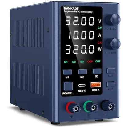 DC Power Supply 0-32V 0-10A, Lab DC Power Supply Variable with Memory Storage, Bench Power Supply with Encoder Adjustment & USB-A/Type-C Fast Charging Interface