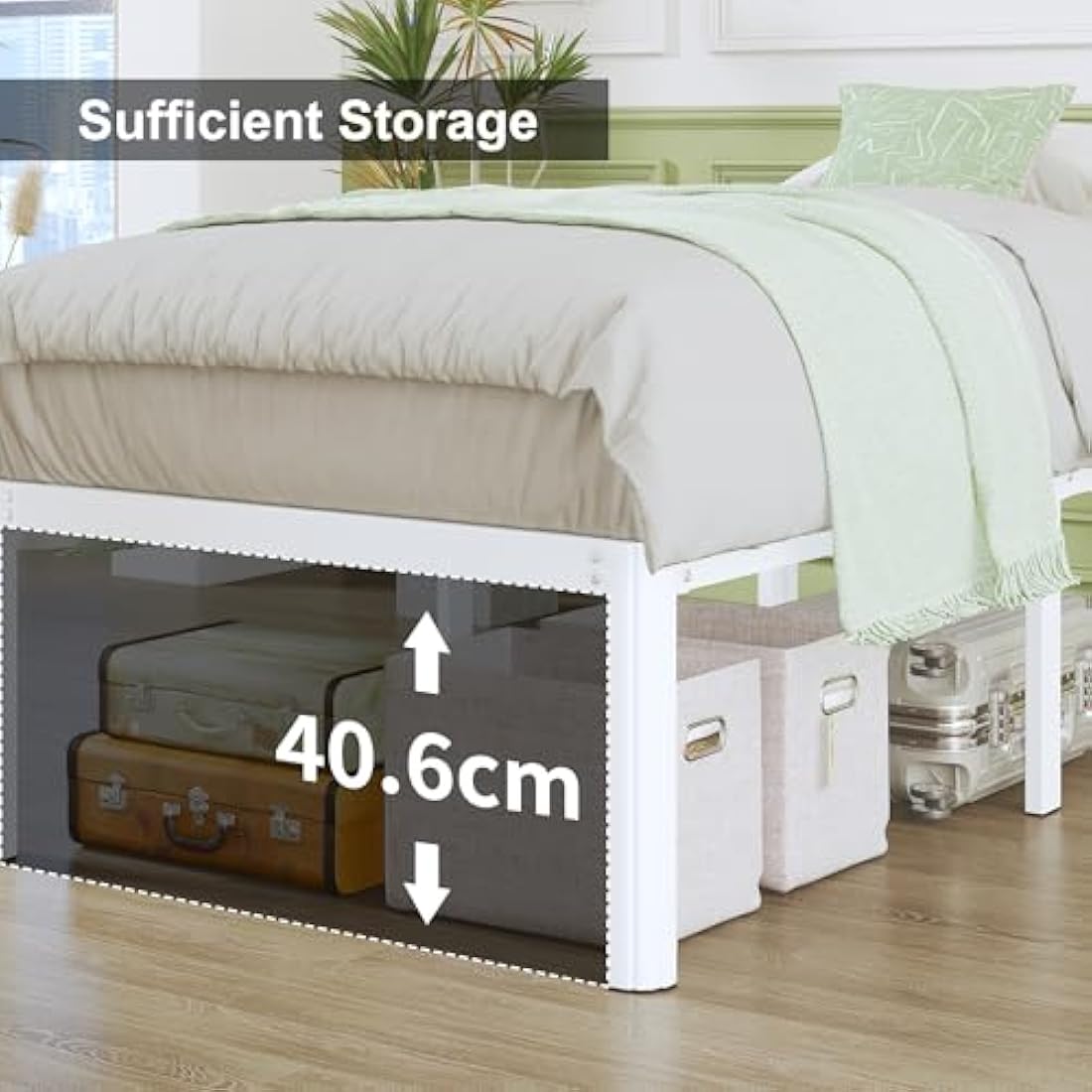 Lutown-Teen High White King Size Bed Frame 5ft with Rounded Corners, Heavy Duty Metal Bed Frames King Size with Steel Slats, 46 cm High, Ample Space Under-bed, Noise Free, Easy Assembly