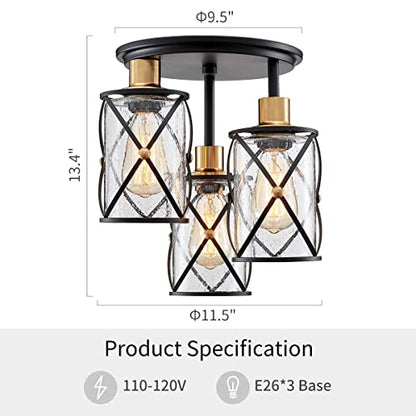 WUZUPS Chandelier Semi Flushmount Industrial 3-Light Ceiling Light Fixture Clear Seeded Glass Shade for Entryway Porch Foyer Kitchen Dining Room