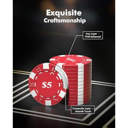 HEITOK Poker Chips with Denominations, 600-pcs 11.5g Weighted Numbered Casino Chips Set, 2 Decks with Compact Aluminum Case for Texas Hold'em, Blackjack