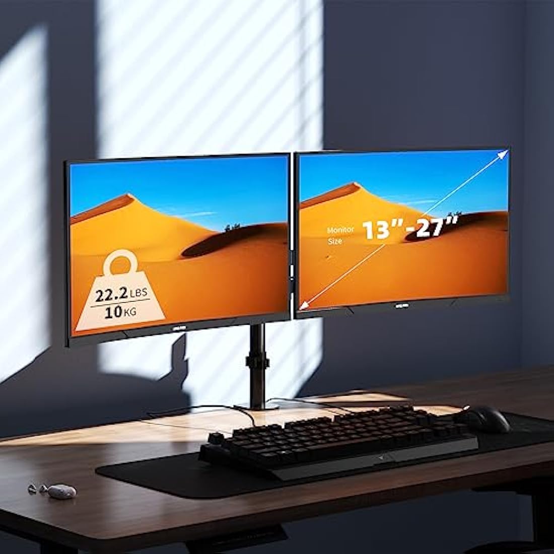 Bracwiser Dual Monitor Mount - Arm for 13-32 inch LCD LED Screens, Tilt Swivel Rotation, Height Adjustable, Up to 10kg, VESA 75/100mm