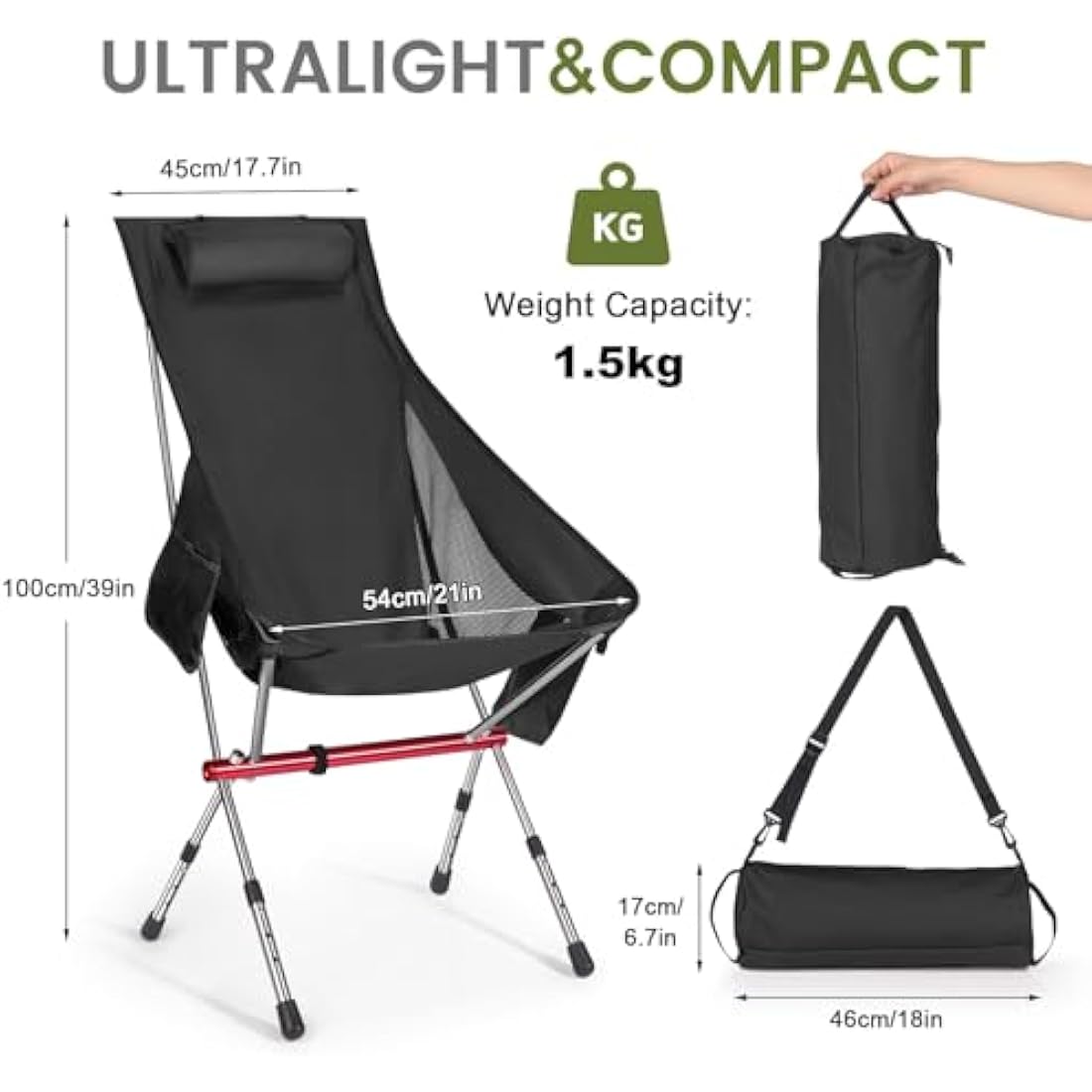 OKYUK New Foldable Camping Chair-High Back Support, 2 Storage Pouches, Adjustable Height, Lightweight Carry Bag – Perfect for Outdoor Adventures, Hiking, Beach Lounging, and Fishing Trips(Black)