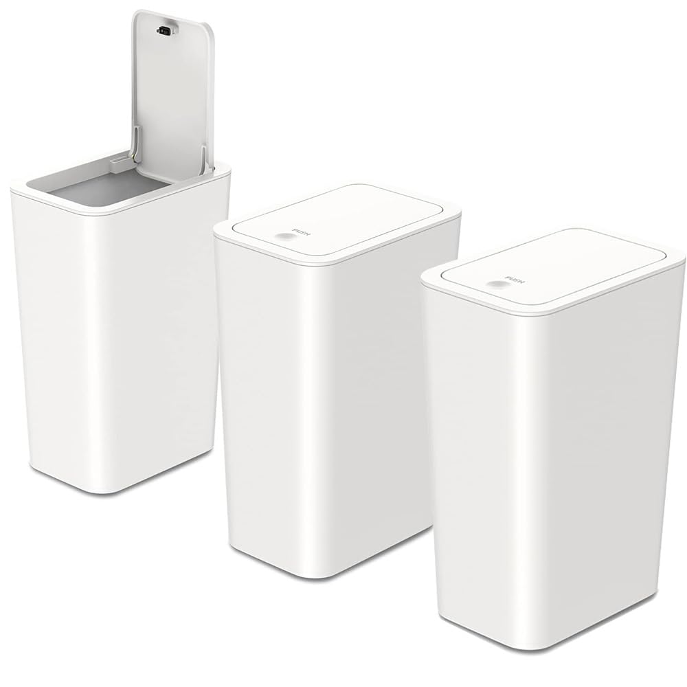 3pcs 9L Touch Top Bathroom Bin - Slim Plastic Trash Can with Lid for Bedroom, Kitchen, Office, Living Room and Toilet - Dog-Proof Narrow Design