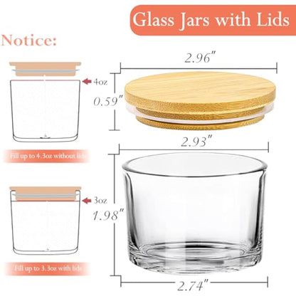 CONNOO 15 Pack 4 OZ Clear Glass Candle Jars with Airtight Bamboo Lids, Bulk Small Wide Mouth Empty Candle Containers with Sticky Warning Labels - Dishwasher Safe