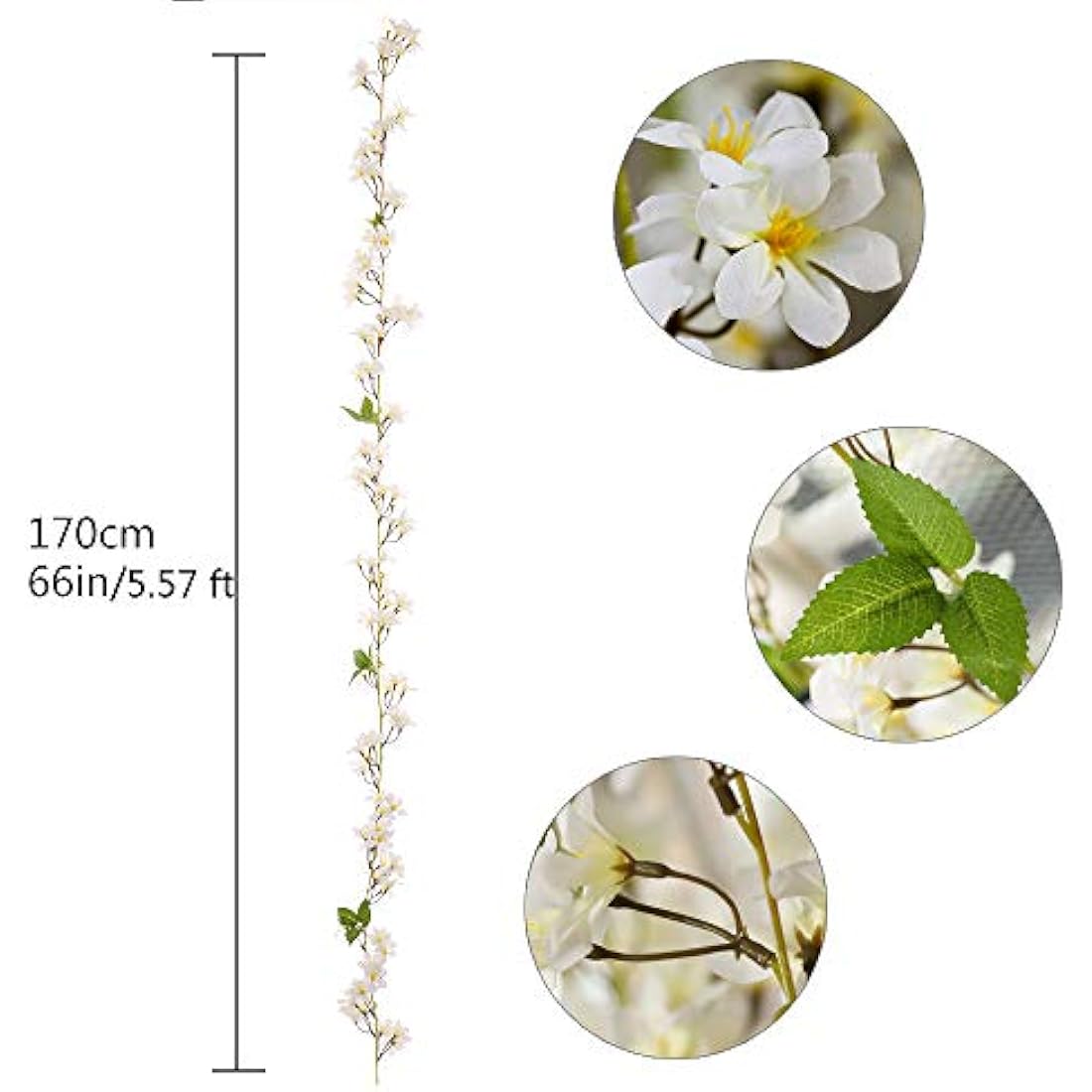 JUSTOYOU 2 Pcs 5.7FT Artificial Sakura Cherry Blossom Flowers Hanging Vine Fake Sakura Garland Fake Oriental Cherry Wreath Home Garden Party Wedding Decor (Cherry White, 2 PCS)