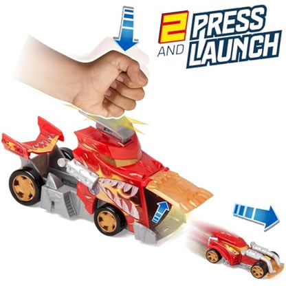 T-RACERS MIX´N RACE Fire Launcher Truck – Launcher truck with fire details. Includes 1 exclusive T-Racers vehicle - press the trigger to launch. Compatible with other T-Racers Mix ´N Race