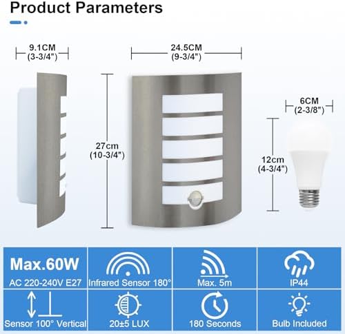 Wondlumi Outdoor Wall Lights with PIR Motion Sensor, Curved Outside Light Mains Powered Stainless Steel IP44 Waterproof for Porch Patio, Incl. 1x 12W Cool White E27 Bulbs