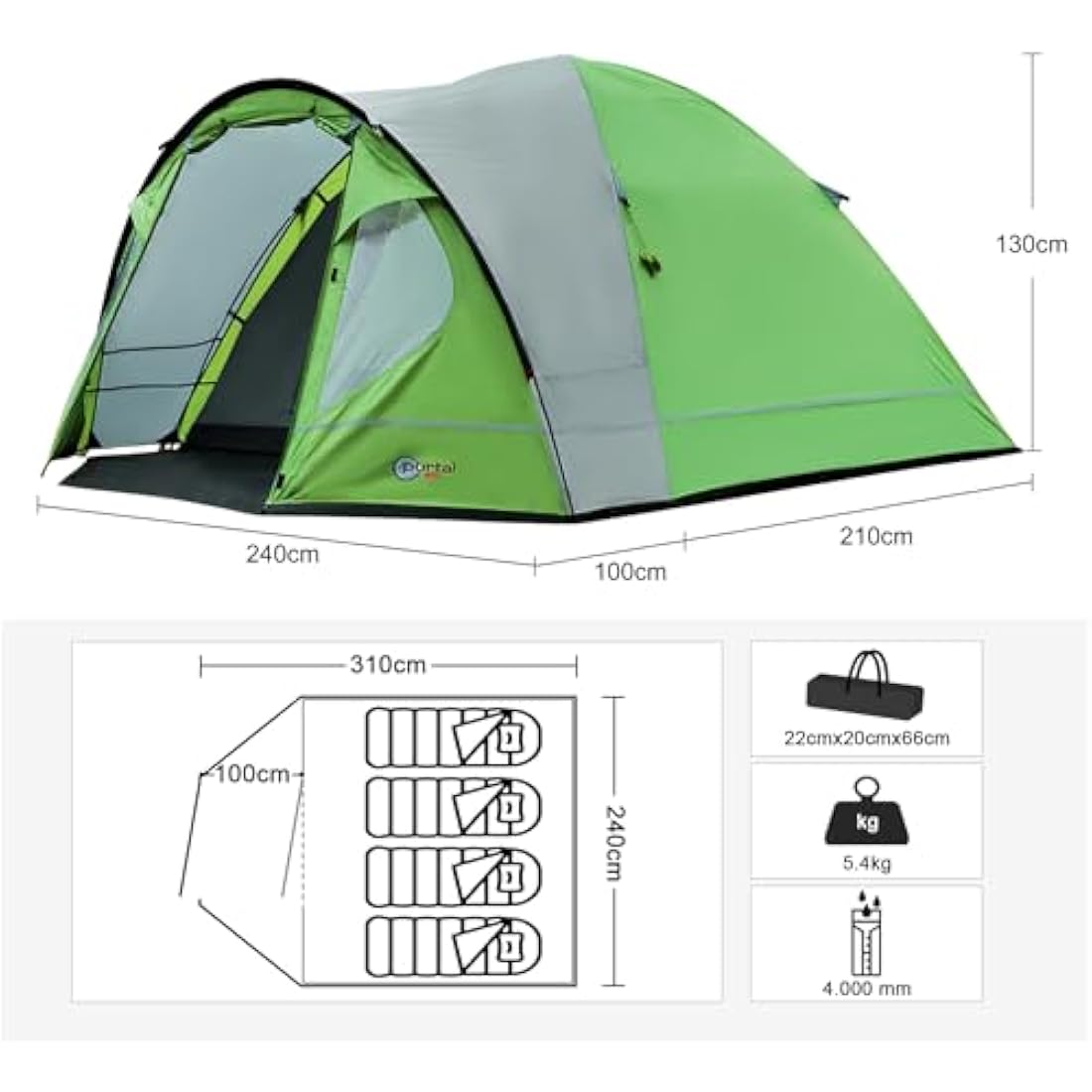 Portal 3-4 Man Tent with Porch, Camping Tent for 3 to 4 Persons with Sewn-in Groundsheet, 4000mm Waterproof Family Tent with Bedroom, Lightweight Dome Tent for Outdoor Garden Backpacking Hiking