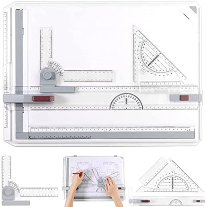 eSynic A3 Drawing Board Set, A3 Multifunction Drafting Table Adjustable Measuring System Angle Parallel Motion Drawing Board with Protractor, Paper Locator, Sliding Ruler, Anti Slip Support Leg