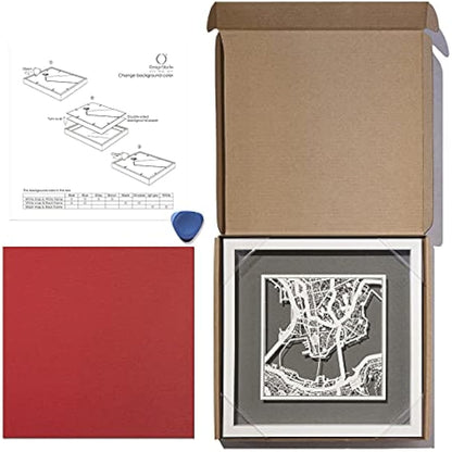 O3 DESIGN STUDIO Cologne Marco de Papel para mapas, White map, Black frame, 9x9 inches, Gift Boxed, 4 background color, self-changing, Paper Art