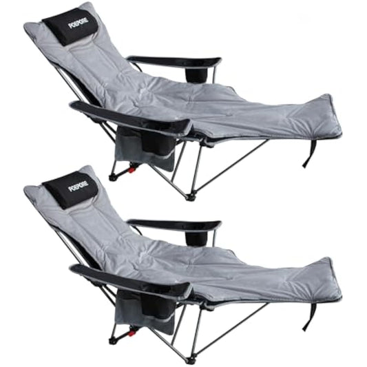 POEPORE 2 Set Reclining Camping Chair 4-Position with Foot Rest Detachable Folding Deluxe Camping Chair Lounger Lightweight with Cotton Padded Luxury Cup Holder Black