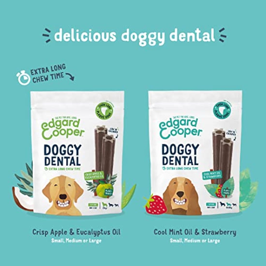 Edgard Cooper Treats Dental Stick, Small - Mint and Strawberry - (8 x 7 stick pack), Natural Dog Chew Sticks, Dental Hygiene, One per Day, Low Calorie, Long Chewing, Fresh Breath