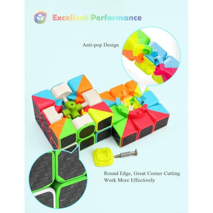ROXENDA Speed Cube Set, 2X2 3X3 4X4 Pyramid Cube Stickerless with Instruction [4 Pack] (Carbon Fiber Cube Set)