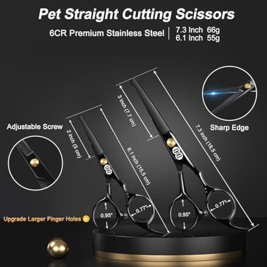 CIICII Dog Grooming Scissors Kit, 10-in-1 Professional Pet Grooming Scissors Set with Safety Round Tip (Dogs/Cat Hair Cutting Trimming Thinning Shears with Curved Scissor) for DIY Home Salon (Black)