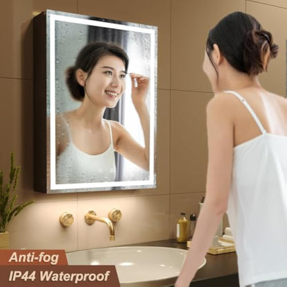 KWW 50 x 70 cm LED Lighted Bathroom Medicine Cabinet with Mirror, Defogger, Dimmer, 3 Color Light Makeup Mirror, Easy to Install, Wall Mounted Medicine Cabinet without Socket & USBs