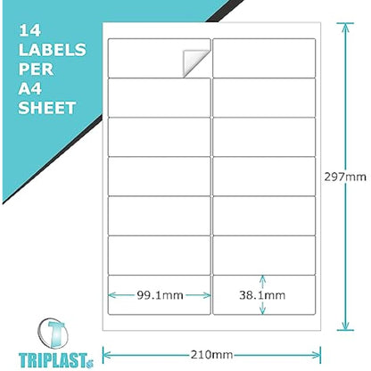 Triplast 50 x Multipurpose A4 Label Sheets - 14 Labels Per Sheet (99 x 38mm Each) - Easy Peel White Labels for Inkjet & Laser Printer - Address Labels, Shipping Labels, File Labels, DIY Stickers