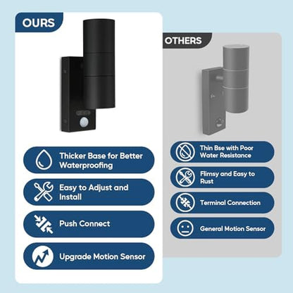 Kerry Outside Wall Lights with Sensor, IP65 Waterproof Up Down Outdoor Lighting, External Pir Wall Mount Security Light, Black Stainless Steel Exterior Light Mains Powered - 2 Pack (Bulb Excl.)