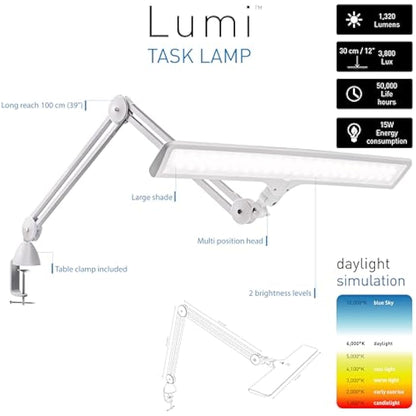 Daylight Lumi Task Lamp 95+ CRI,4000 Lux, Craft Light, Super Bright Desk Lamp, Touch Dimmable, 2 Brightness Levels, Ideal Table Light,Eye-Caring ,15 W - White