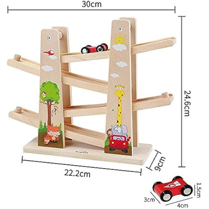 Wooden Car Ramp Toy Zig Zag Cars Slide|Toddler Toys Wooden Race Track with 4 Wood Cars for 1 2 Year Old Boy Gifts