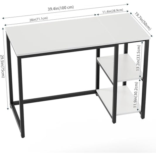 WOHOMO Computer Desk with 2-Tier Shelves 100cm Small Home Office Desk with Large Storage Space Sturdy Modern Gaming Desk for Bedroom Study Writing Laptop Table, White