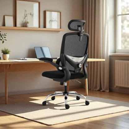 TONFARY Ergonomic Office Chair - High Back Mesh Design with Adjustable Lumbar Support, Flip-Up Armrests, Removable Headrest & 360° Swivel - Space-Saving for Home, Work, or Gaming - Black