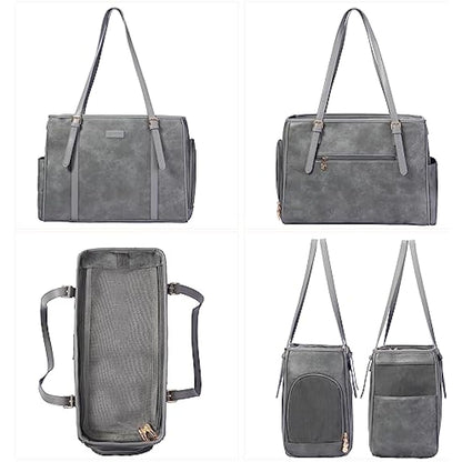 Lasaviin Fashion Dog purse Pet Carrier Leather Bag for Small Dogs Cats Puppy, Portable Tote Bag Airline Approved Soft-Sided Carriers (Grey)