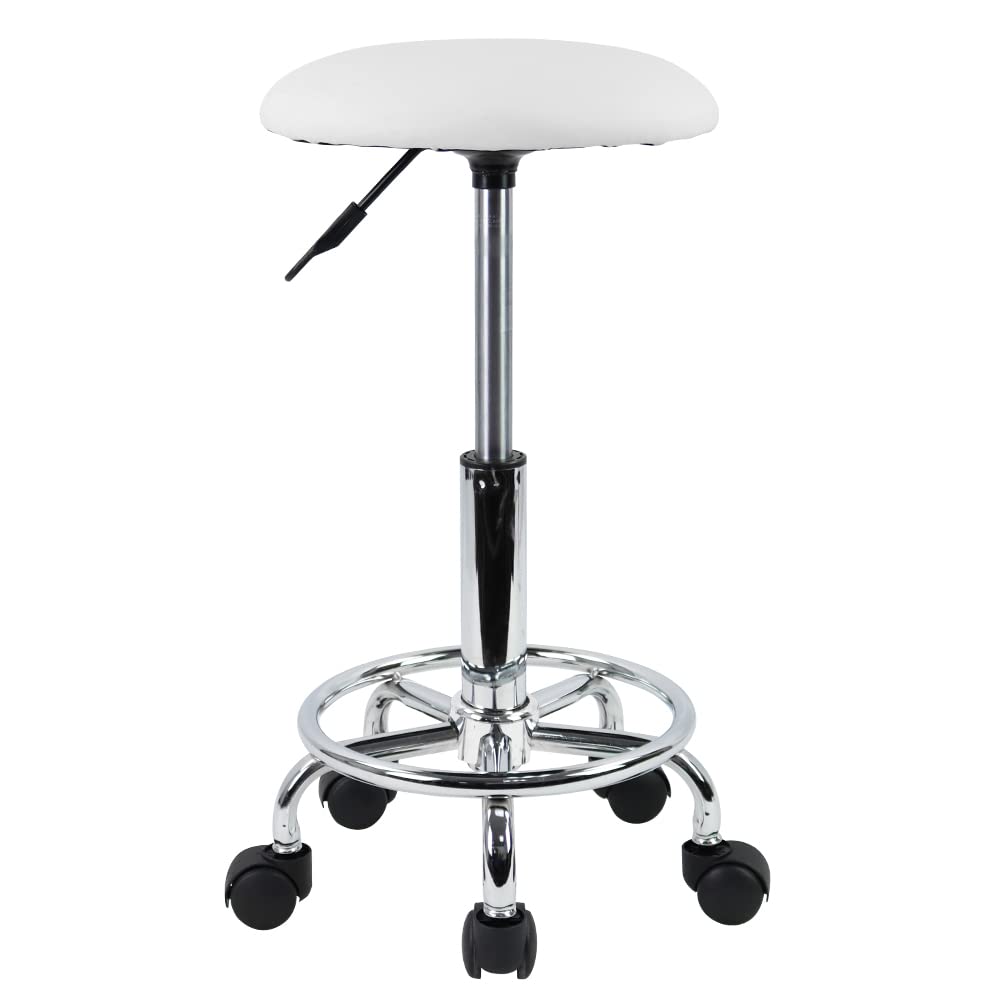 KKTONER Swivel Rolling Stool Height Adjustable PU Leather Cushion Salon Vanity Massage Office Stool Chair Small White