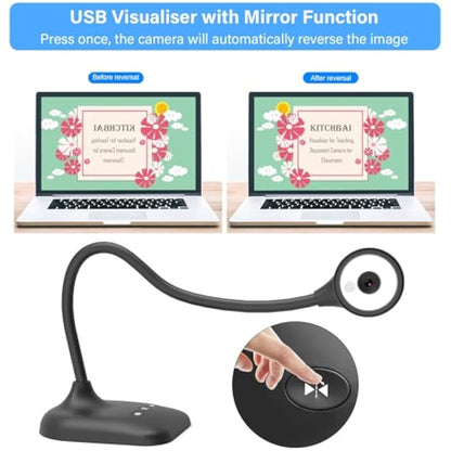 Kitchbai Visualiser, USB Document Camera for Teaching, PC Camera for Classroom with Auto Focus, MIC, LED Light, Image Invert, Fold, for Mac OS, Windows, Chromebook, for Distance Learning, Online Art