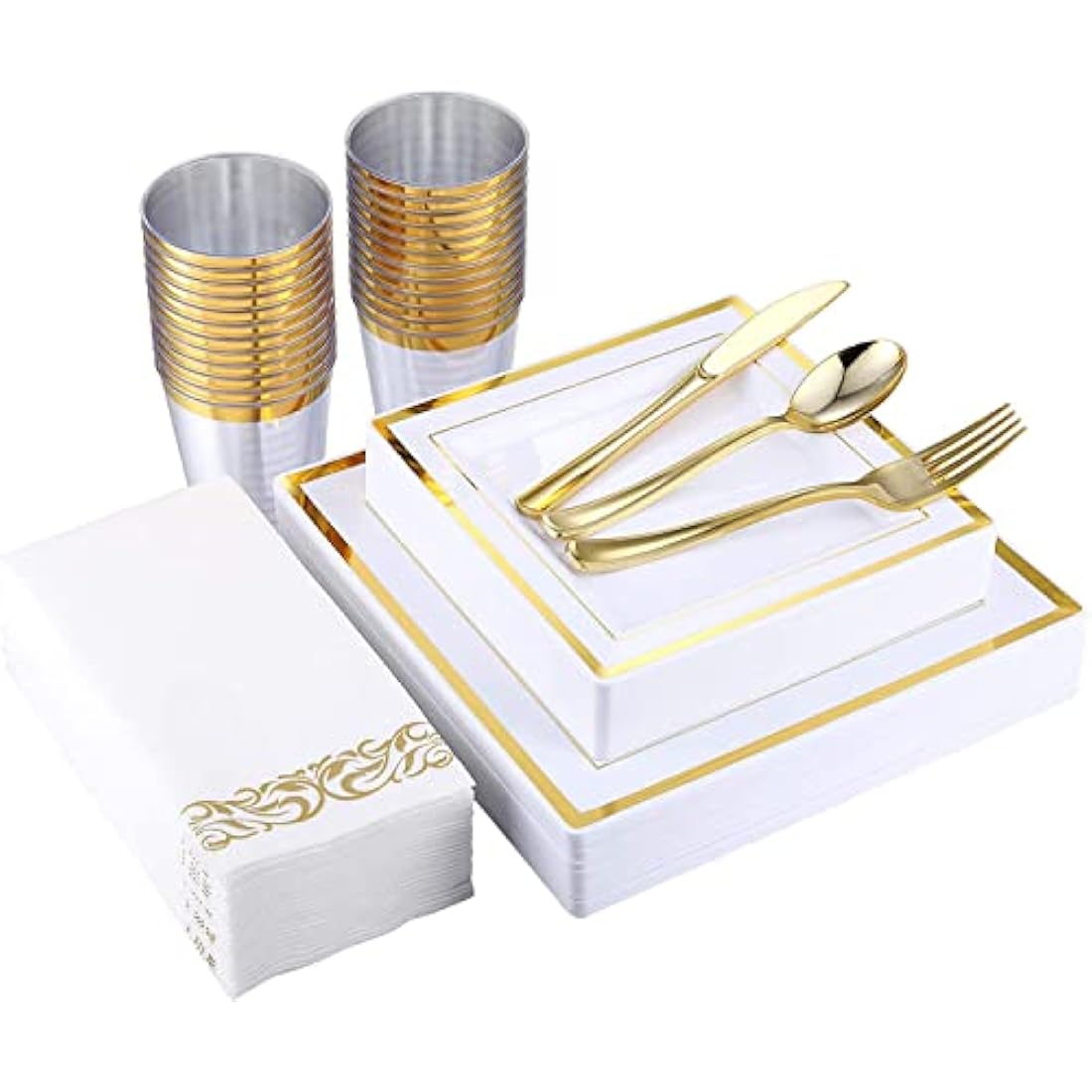 Square Dishes Plates Cups Cutlery for 25 on Special Occasions,175 Pieces of Reusable Plastic Dinnerware for Dinners, Birthdays, Valentines, Parties, Easter, Weddings, Summer Celebrations (Gold)