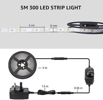 Lepro LED Strip Light White 5M 300 LEDs, 1650lm Dimmable Strip Lights for Kitchen, Cool White 6000K Daylight LED Strip for Under Units Cabinet Cupboards (12V Power Plug and Dimmer Switch Included)