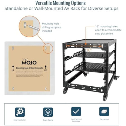 Tecmojo 12U Open Frame Network Rack, 19" Compatible, Floor Standing and Wall Mountable, with 2x 1U Server Shelf & Mounting Hardware, AV & IT Equipment Rack for for Office/Home
